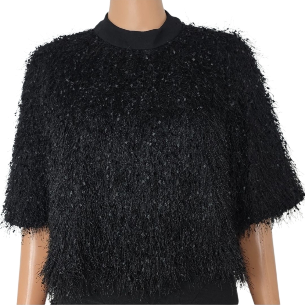 Gracia Women's  Short‎ Sleeves Fringe Sparkle Cropped Top Black Size S Small